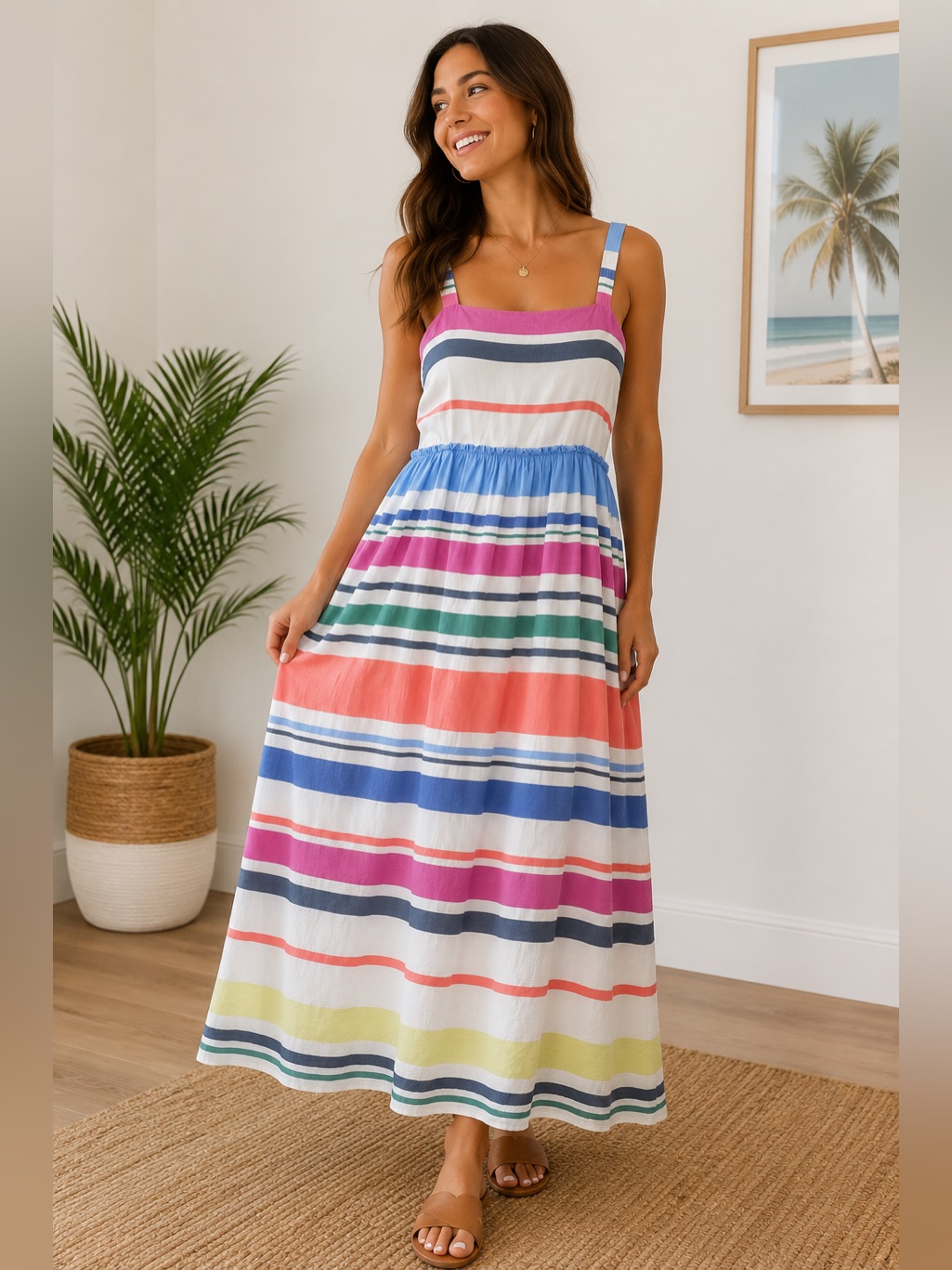 Gap Multicolor Striped Smocked Midi Dress Small Rainbow 100% Cotton Size Large